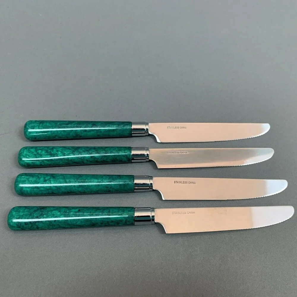 Green Handle 8 3/4 Knives Flatware Lot of 5